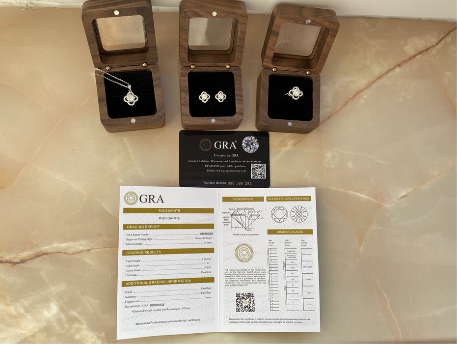 Муасаніт конкурент діамантів набір конюшина пусети колечко муассанит