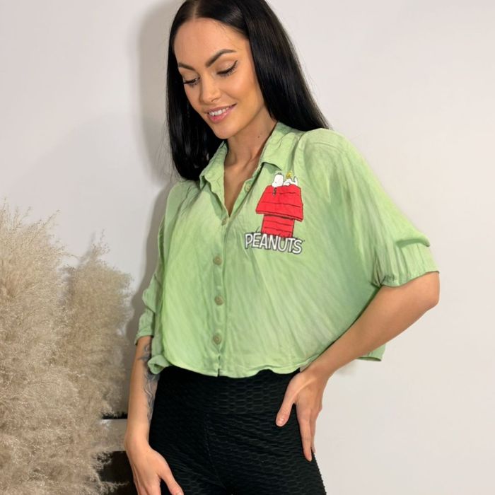 Koszula Vintage Peanuts Only rozm.38  zielona aplikacja z tyłu