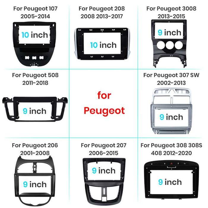 Molduras e cabos para rádio android BMW Renault Peugeot, Audi 9/10"