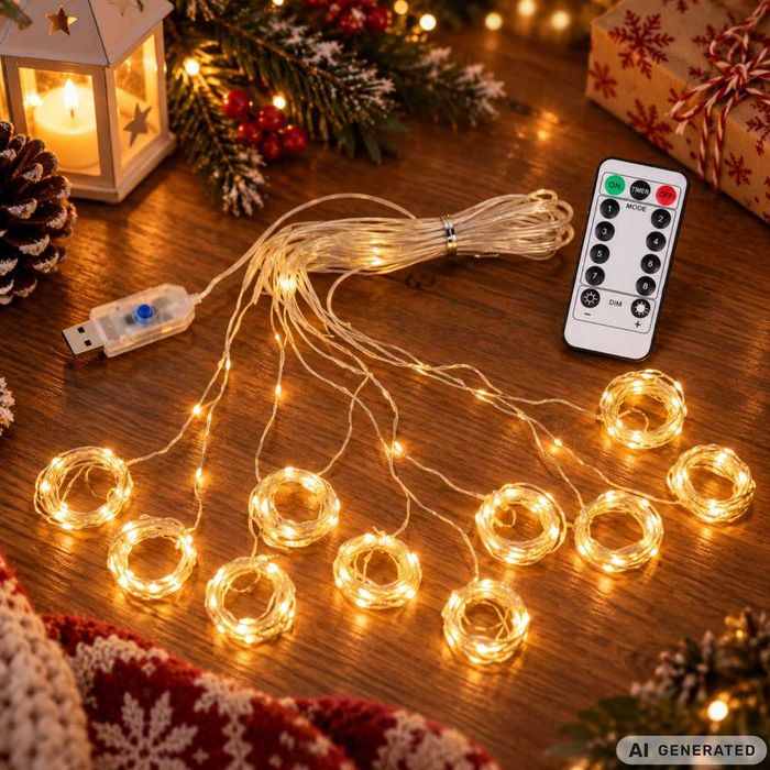 Kurtyna LED 3x3m 300 Diod Ciepła Biel USB Pilot Timer
