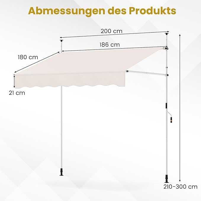 Markiza balkonowa 200x180 Regulowany z korbą ręcznie zwijana Costway