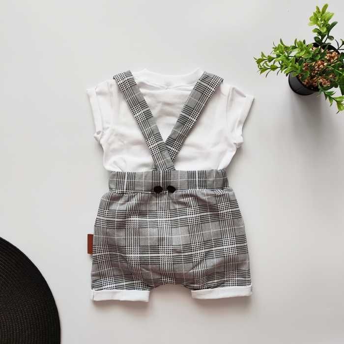 Modny SZARY GARNITUR, elegancki letni ZESTAW mucha, komplet chrzest 68