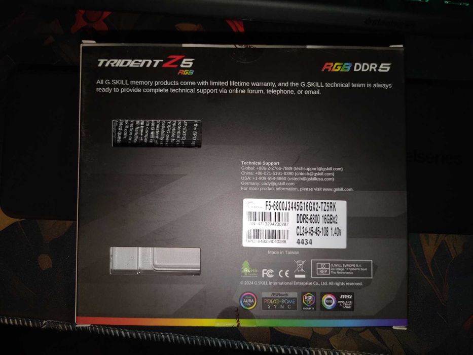 Pamięć G.Skill Trident Z5 RGB, DDR5, 16GB, 6800MHz, CL34  1 kości 16gb