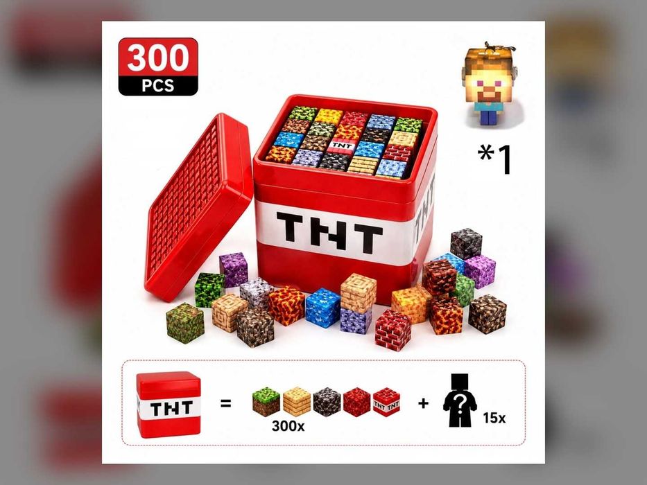 Klocki magnetyczne 300 el. + 15 figurek i pudełko TNT