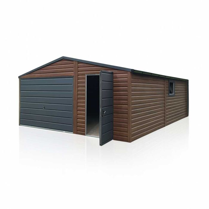 Garaż Blaszany dwuspadowy 5×7 Ciemny Orzech PREMIUM