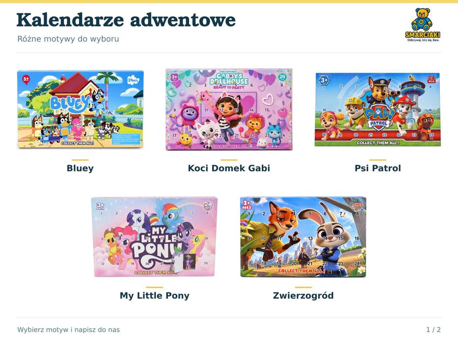 Kalendarze adwentowe my little pony, advengers, k-pop, psi patrol, blue, kapibary, minecraft, zwierzogród, pokemon, stitch, gabi,