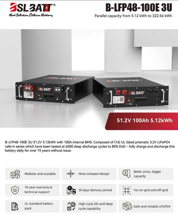 Акумуляторна батарея Lifepo4, B-LFP48-100E 3U 51.2V 100AH 5.12 kWh