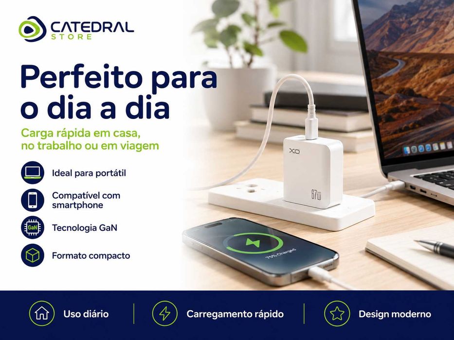 Carregador XO 67W GaN 3x USB-C + USB-A | Carga Rápida