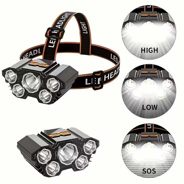 Lanterna Frontal 5 luzes LED. Carrega USB. 4 modos iluminação. Nova.