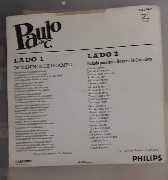 Disco vinil "Os meninos de Huambo" - Paulo de Carvalho