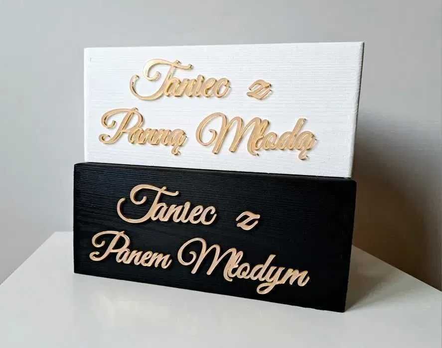 Koszyczki oczepinowe zabawy weselne taniec z Panną Młodą Panem Młodym Lustrzane złote napisy pleksi wesele ślub