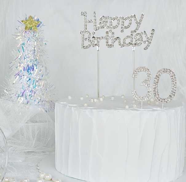 Topper na tort 30 urodziny srebrny kryształki Happy Birthday NOWY