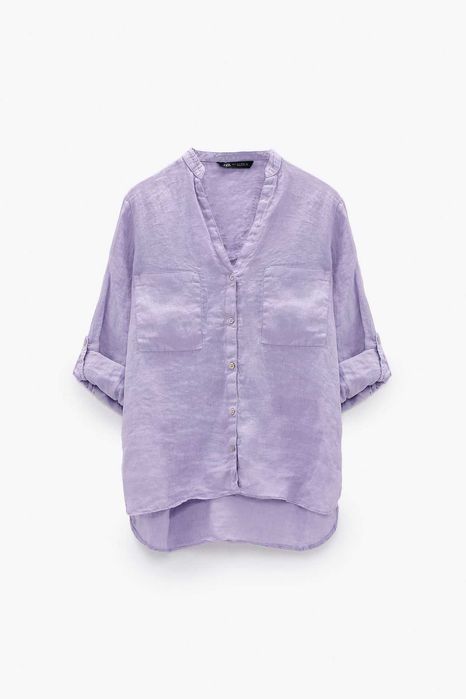 Льняна сорочка Zara лілова фіолетова льон літня з карманами Зара
