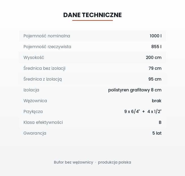 Bufor ciepła 1000L Bez Wężownicy klasa B izolacja 8cm FV23%