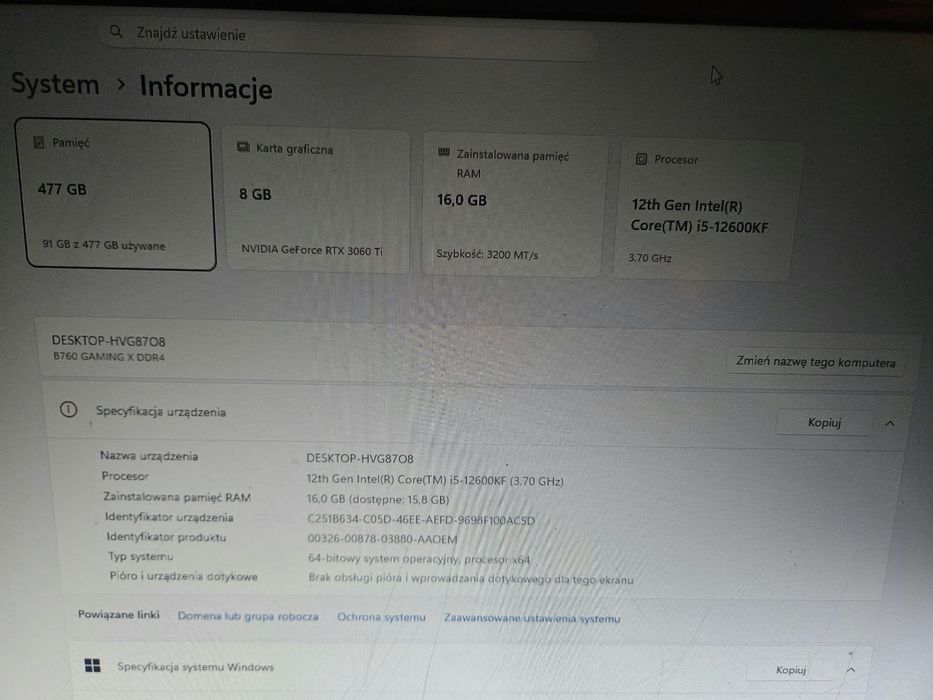 Gaming PC i5-12600K / RTX 3060 Ti 8GB / 16GB RAM / NVMe 500GB / B760 Win 11