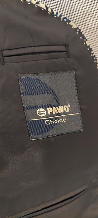 Garnitur ślubny Pawo narcisio w pepitkę błękitny jak nowy