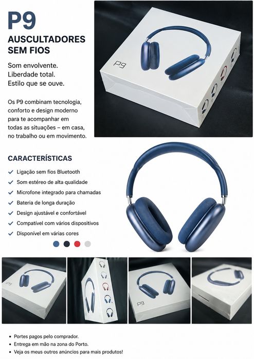 Auscultadores P9 sem fios, na cor azul, novos e dentro da caixa original.