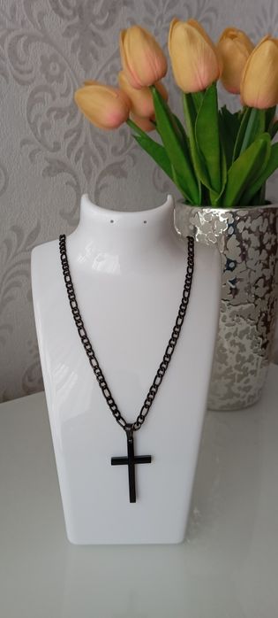 Łańcuszek figaro z krzyżem/krzyżykiem czarny stainless steel