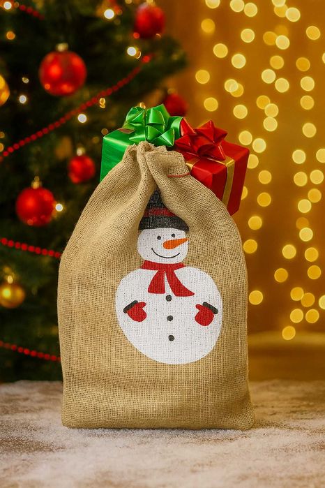 Worek świąteczny na prezenty worek jutowy z bałwankiem
