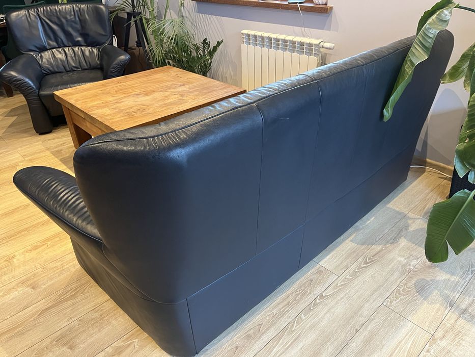 Sofa + fotel skóra naturalna granatowa
