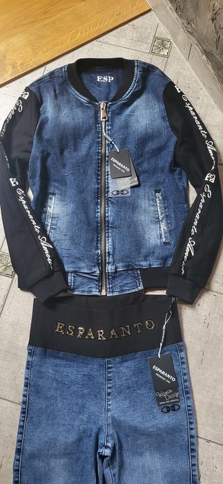 Włoski komplet Esperanto jeans katana bluza spodnie wysoki stan  S