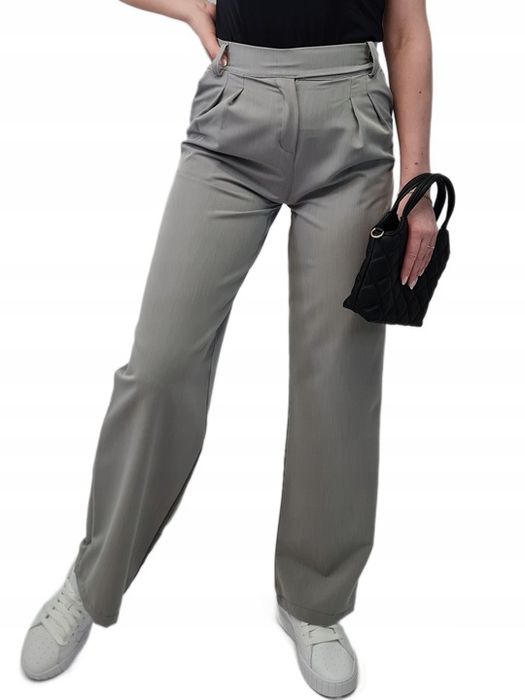 Nowoczesny Garnitur Damski Szary, Krótka Marynarka I Szerokie Spodnie,