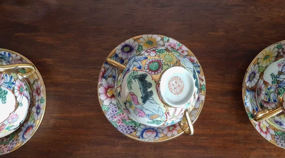 Serviço de chá porcelana chinesa figuras femininas e motivos florais