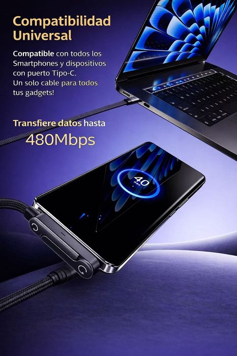 Cabo USB-C novo, de alta transferência, 240w, com suporte
