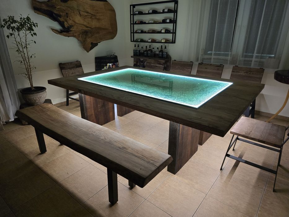 Stół drewniany dębowy jesionu szklany podświetlany Led krawędź