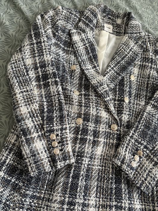 Marynarka dwurzędowa w kratkę tweedowa ozdobne guziki 36 S