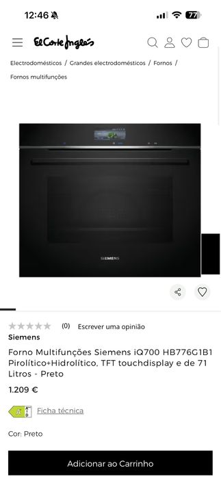 Forno Multifunções Siemens iQ700 HB776G1B1 Pirolítico+Hidrolítico,