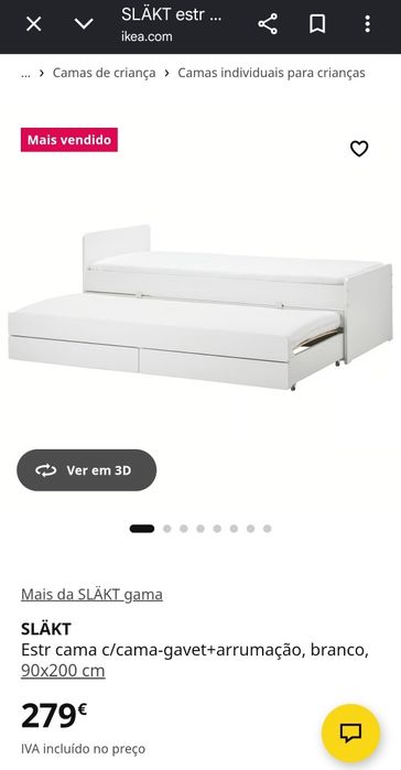 Cama Ikea SLÄKT solteiro dupla c/gavetas
Mais da SLÄKT gama
SLÄKT
Estr cama c/cama-gavet+arrumação, branco, 90x200 cm