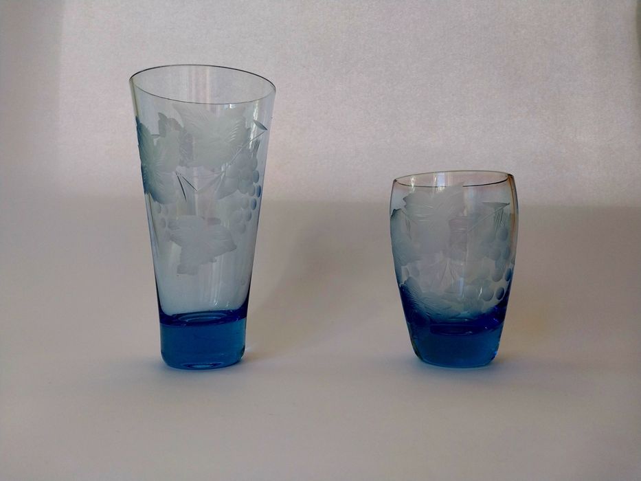 Пара склянок з кобальтового скла алмазна гравіровка Виноград толстодон