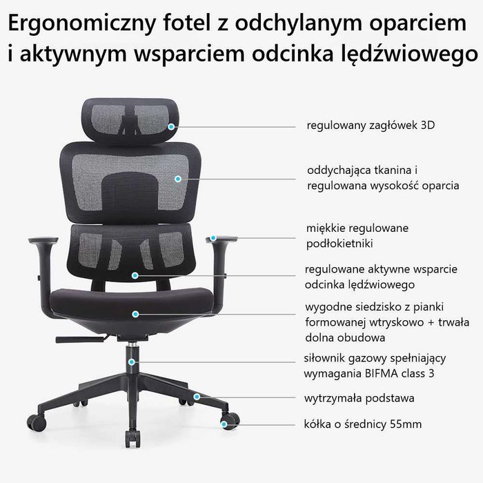Ergonomiczny fotel obrotowy biurowy SITLAB Active - czarny