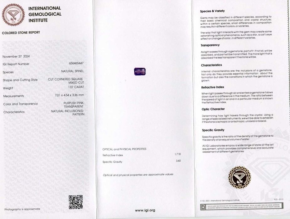 IGI Certificado – Espinela Natural Rara Roxo-Rosa Facetada, Corte Esmeralda, 1,29 Quilates
