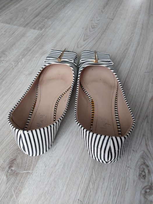 Baleriny w paski czarny biały kokardka zebra szpic 38 skóra buty fama