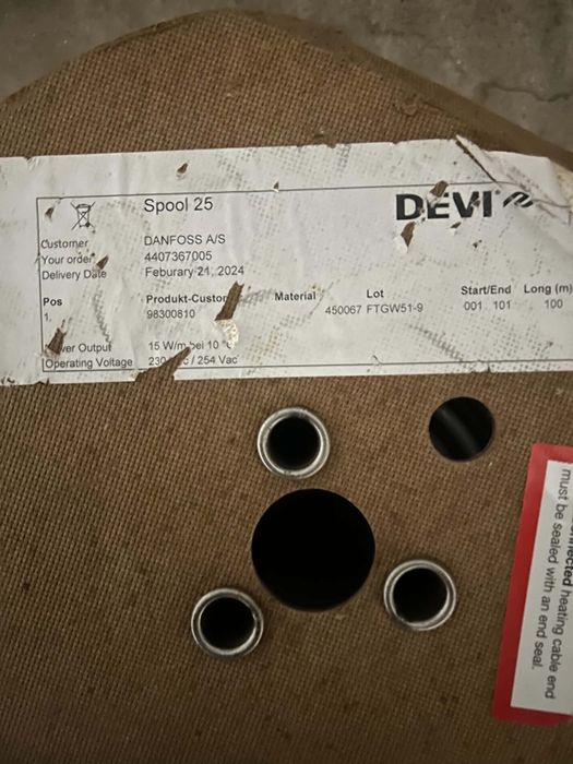 Kabel grzewczy DEVI / Danfoss 15 W/m (230V) – Szpula 100m, Nowy