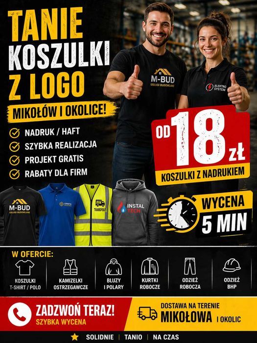 Koszulki firmowe z logo Mikołów | Odzież robocza | Kamizelki | Haft / Nadruk ODBIERZ BONUS