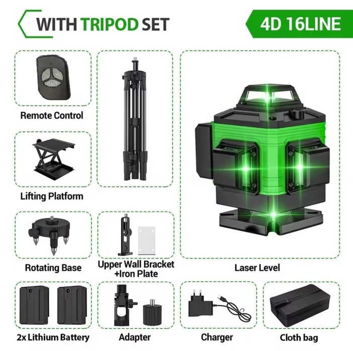 Nivel Laser 16 linhas 4D c/ Tripé Mala em Plastico Duro