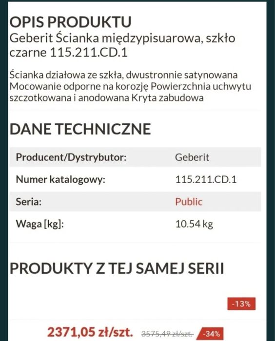 2 sztuki. Gaberit ścianka międzypisuarowa, szkło czarne, 115.211.CD.1