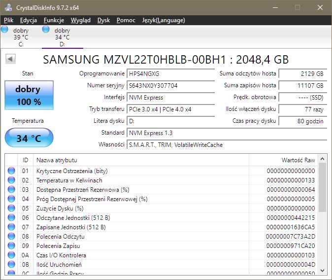Samsung PM9A1 [980pro,990pro] 2TB [80h/11TBW] 100%