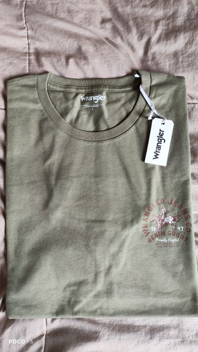 Wrangler zielony oliwkowy t-shirt rozm L jak XL nadruk motyw rodeo