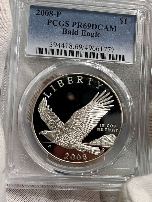 Долар 2008р. Р. США  Білоголовий орлан. СРІБЛО. ПРУФ Слаб PCGS, PR69