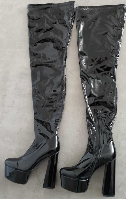 Kozaki obcas wysokie za kolano latex  połysk 42