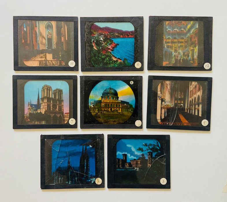 8 slides em vidro para lanterna mágica