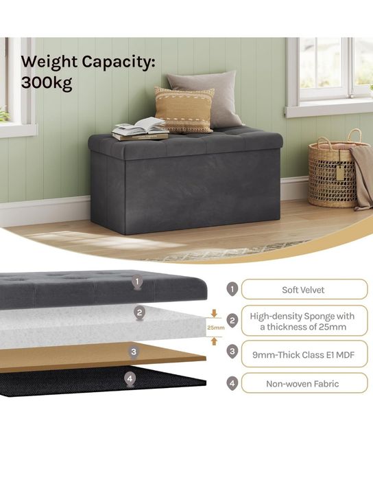 Nowa pufa czarna skrzynia aksamitna siedzisko