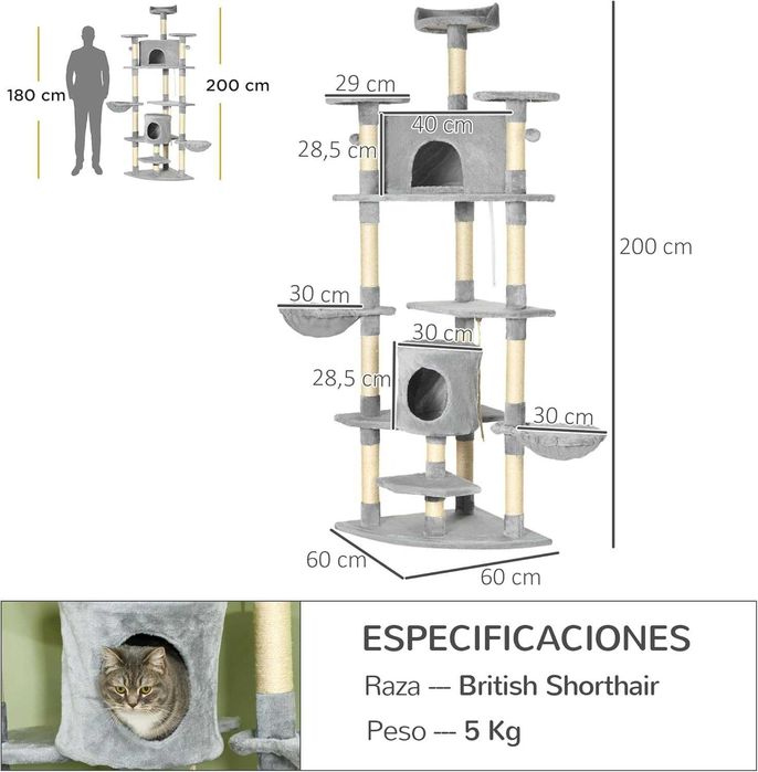 PORTES GRÁTIS - Arranhador para gato, rascador, cat tree 60x60x200cm