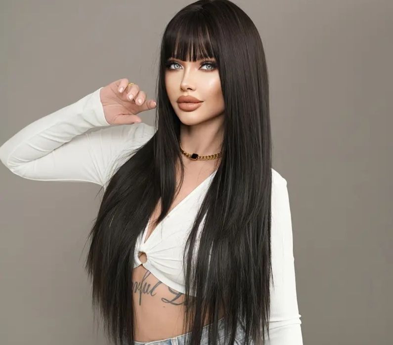 PERUCA PRETA, comprida com franja-100% Natural