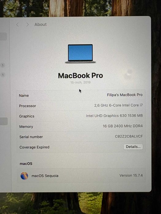 macbook pro 15' 2019 intel i7 2,6 GHz 16gb 256gb