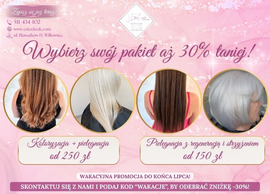 Koloryzacja, ketatynowe prostowanie, laminacja, pielęgnacja wlosów, strzyzenie, modelowanie, upięcia.